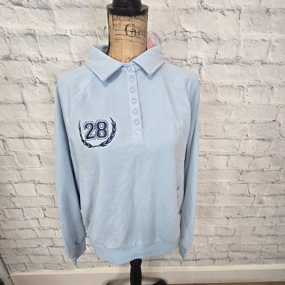 Zoe + liv fleece sweater top Sz L Blue Graphic Collared Sweatshirt casual A31